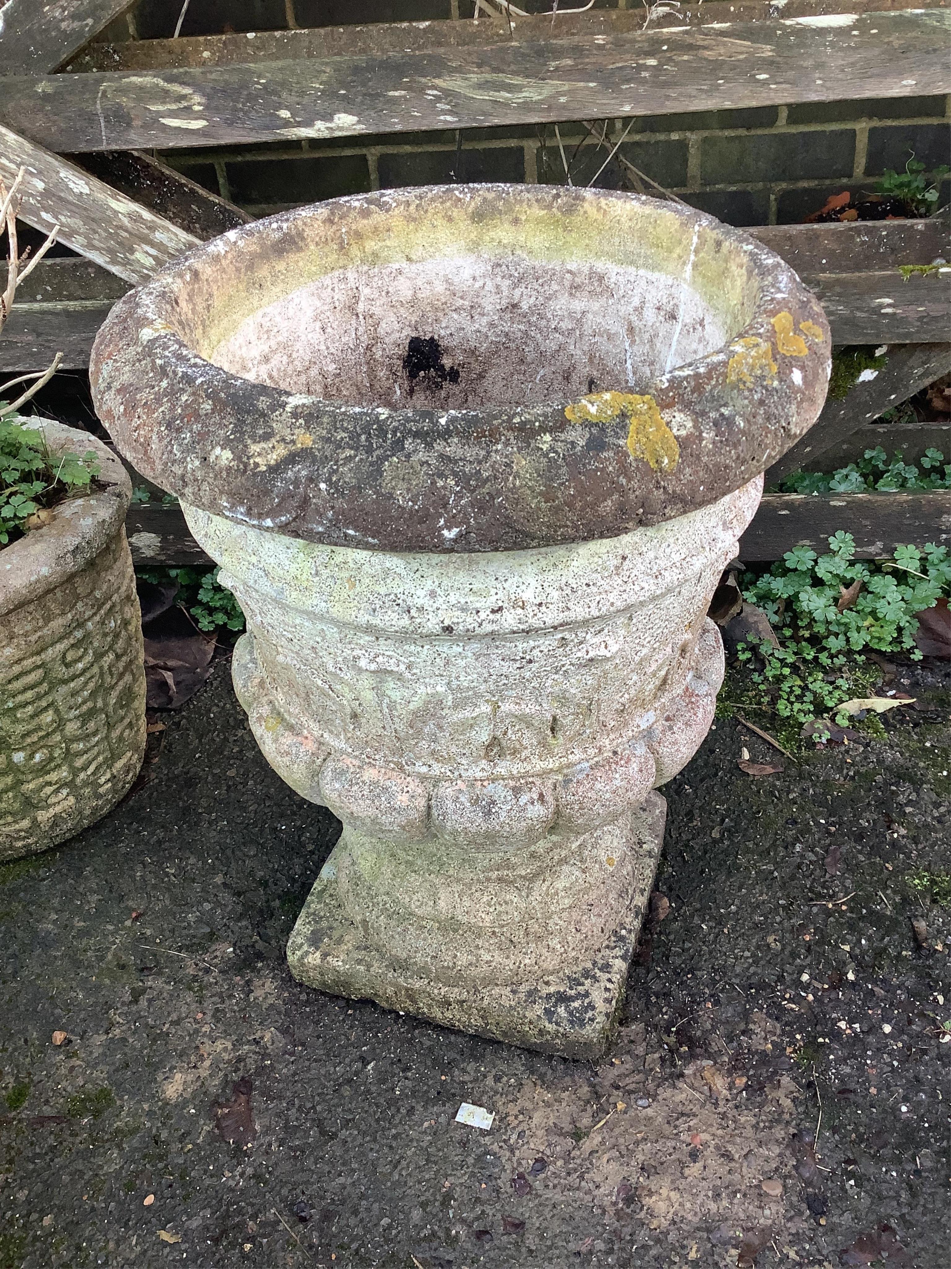 A grey painted reconstituted stone garden planter, height 54cm. Condition - fair